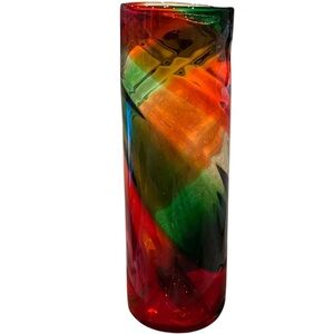 Art Glass Hand Blown Red, Green & Clear Swirl 12" Tall & 4" Wide Vibrant & Rich!